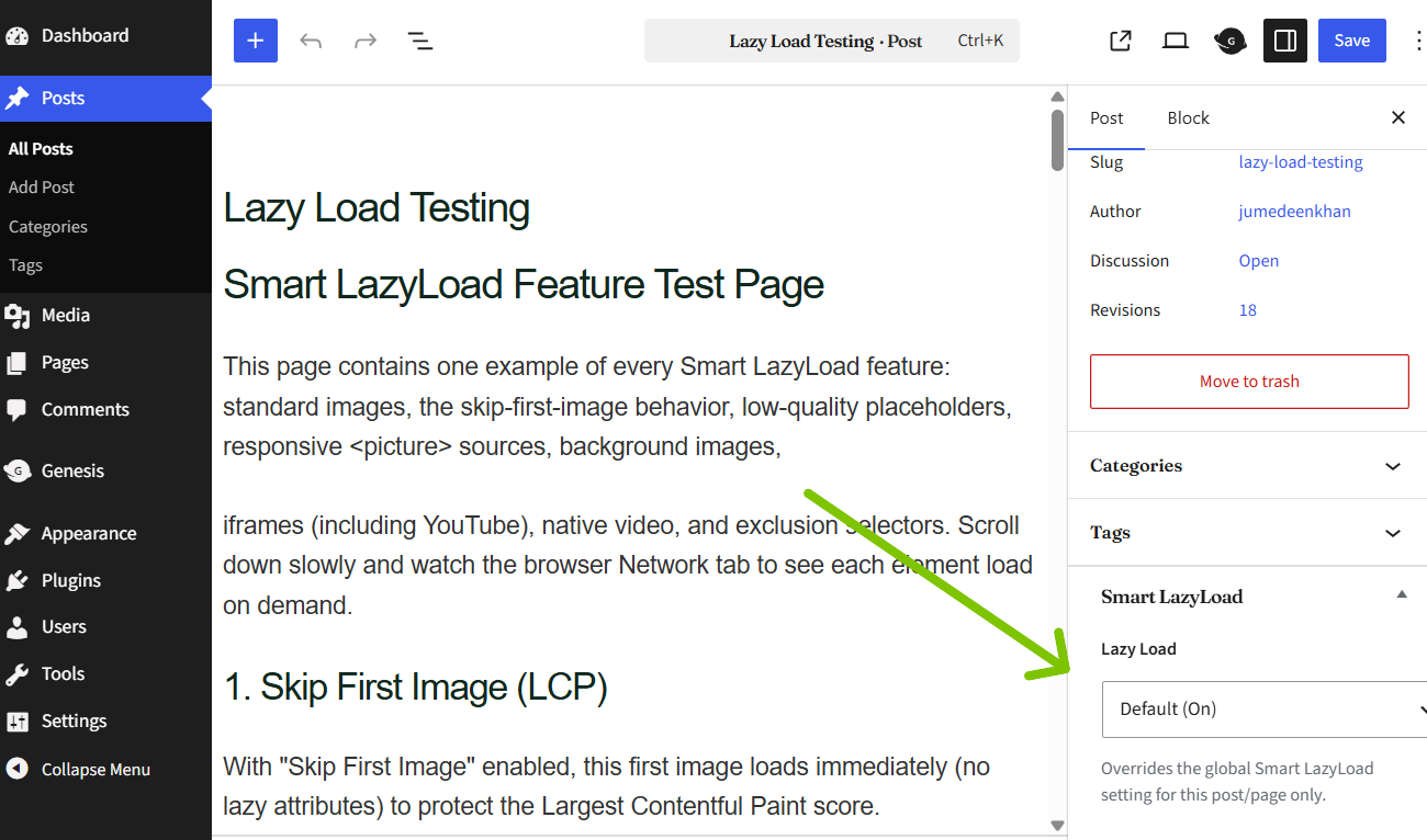 Per-post lazy-loading controls in the editor to override lazy loading.