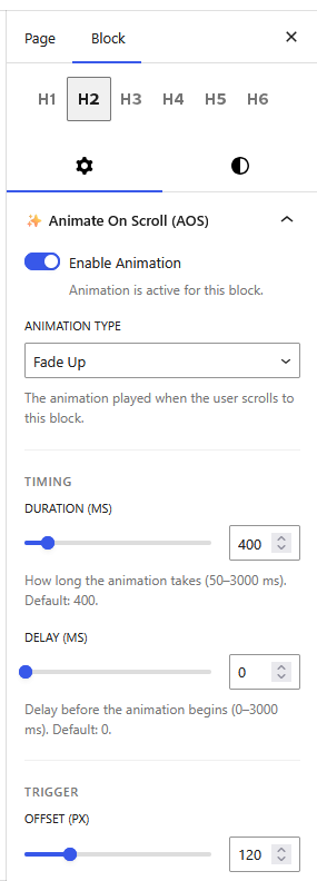 The "Animate On Scroll" panel in the block editor sidebar.