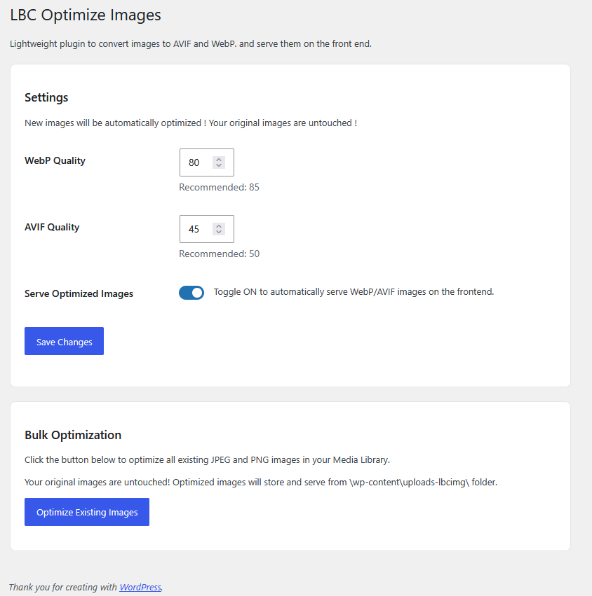 The LBC Optimize Images settings and Bulk Optimization dashboard.