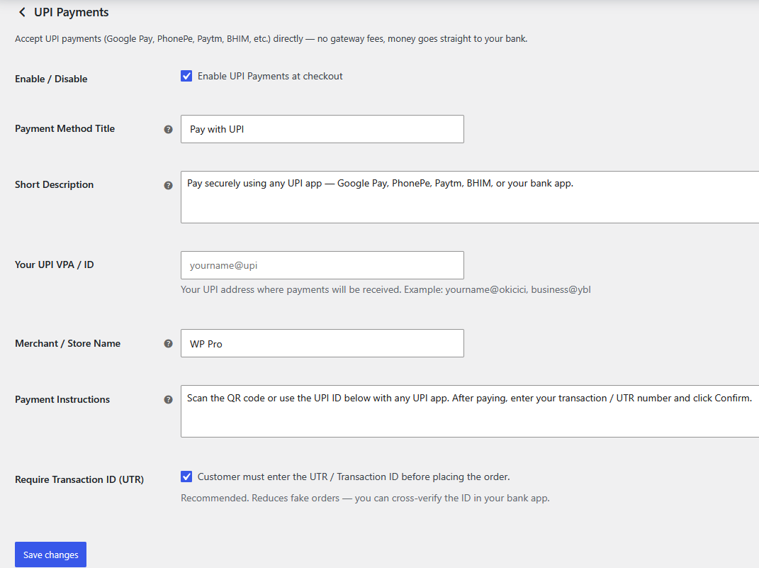 Admin settings — minimal: just enter your UPI ID.