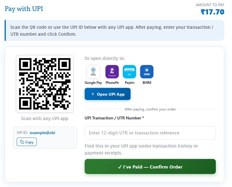 Checkout — "Pay with UPI" option.