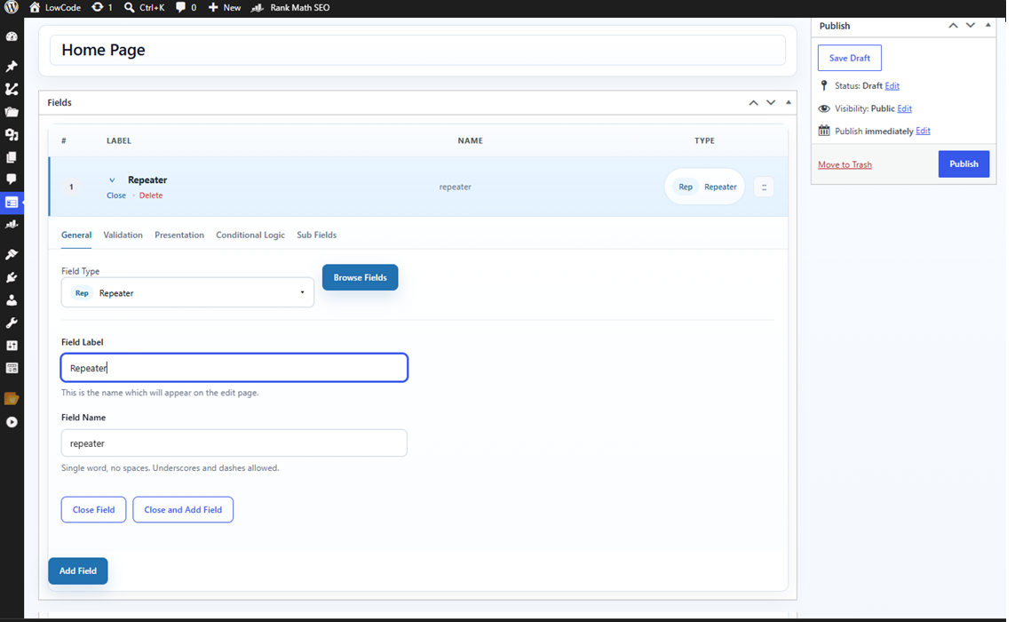 Field-group builder showing settings and field configuration