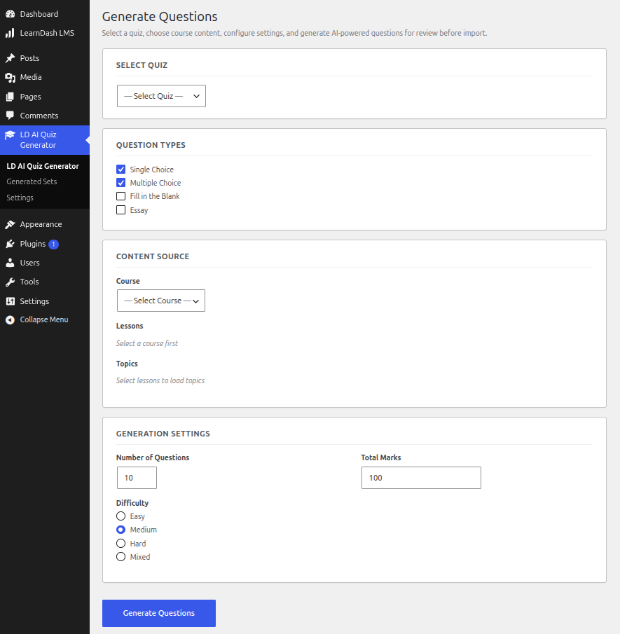 Generate Questions screen.