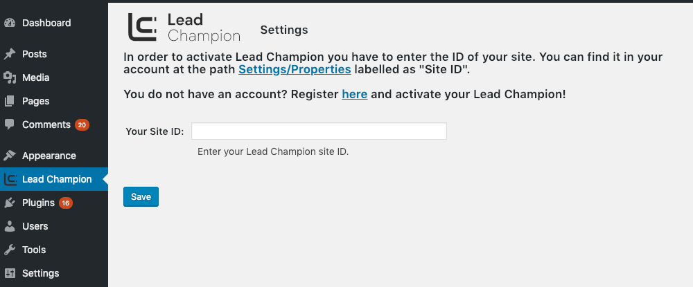 Lead Champion plugin configuration