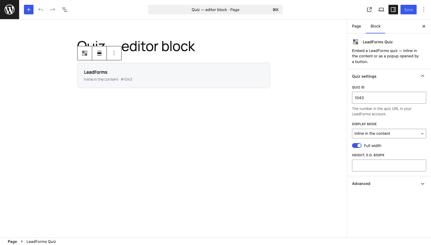 The "LeadForms Quiz" block and its settings in the block editor.