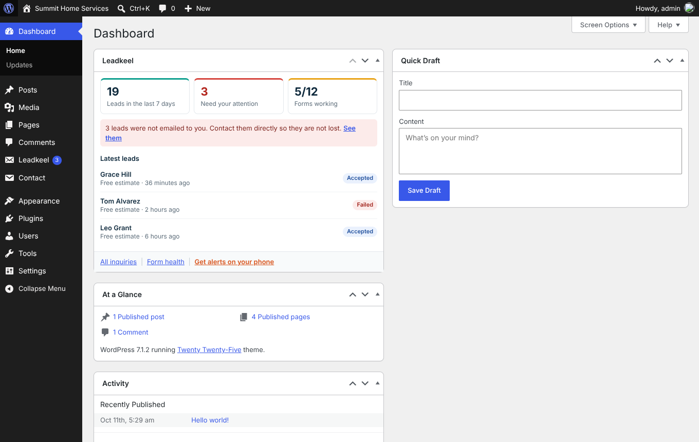 The Leadkeel box on your WordPress Dashboard: leads this week, leads that need attention, working forms and the latest leads.