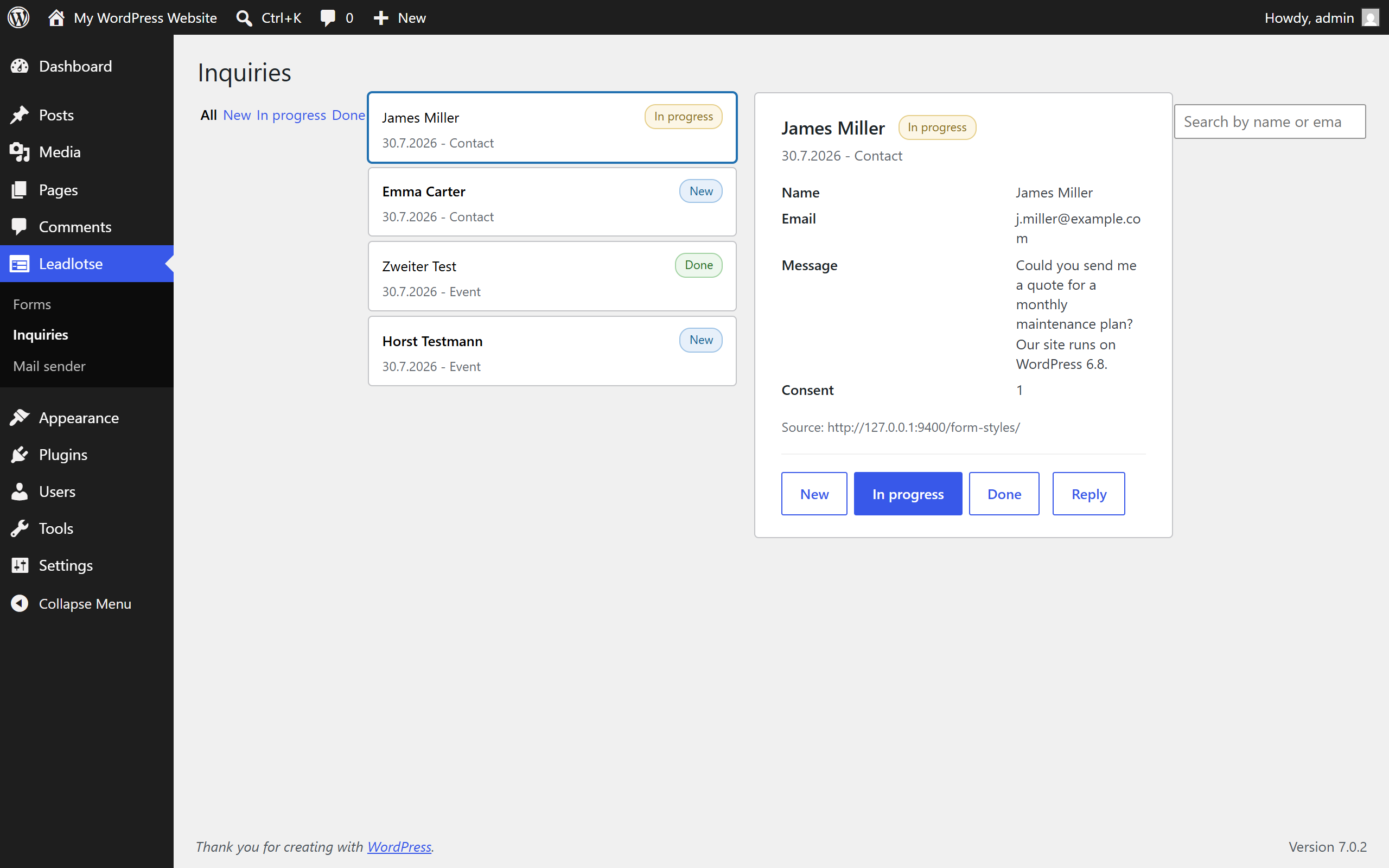 Inbox with status filter, search and the detail panel of one entry.