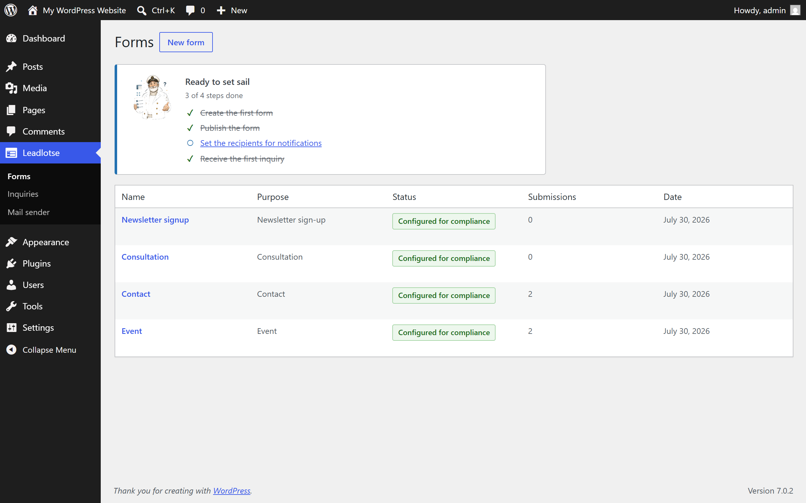 Setup checklist that walks through recipients, consent text and embedding.
