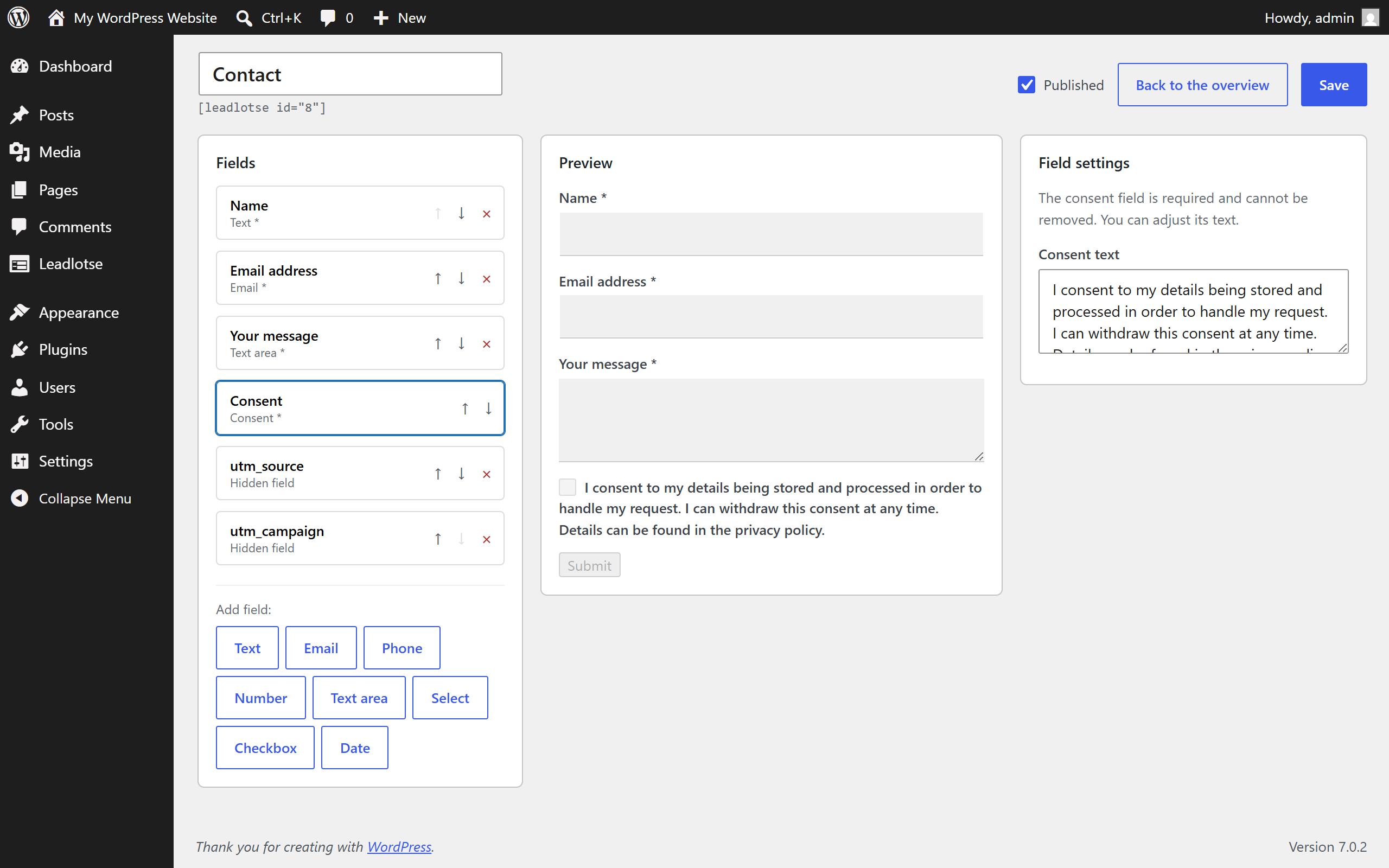 Consent settings of a form with the editable consent text.