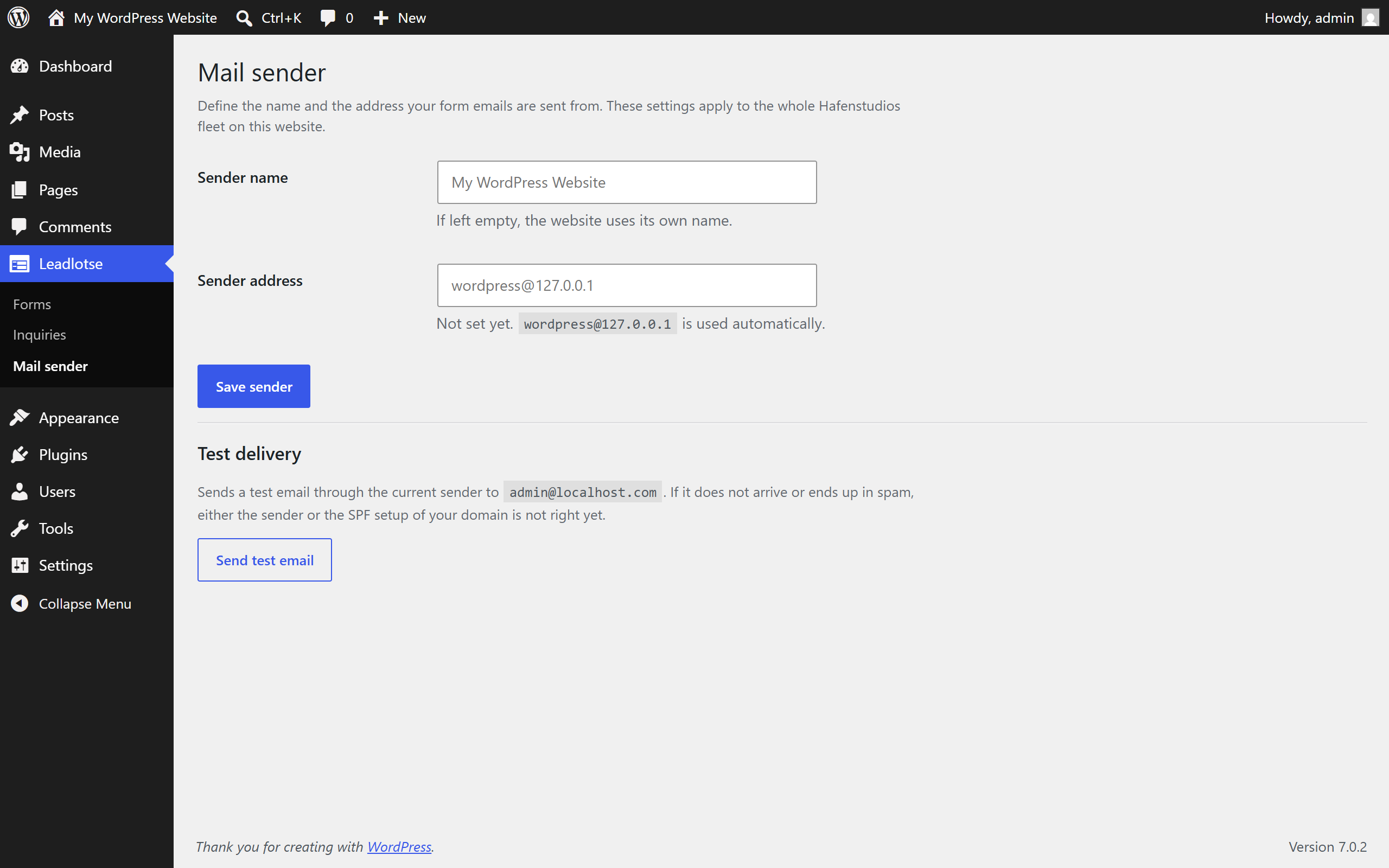 Mail sender settings with a test mail and deliverability hints.