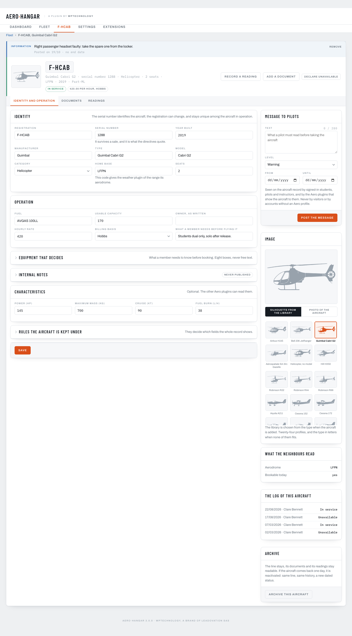 The identity of an aircraft: registration, serial number, type taken from the catalogue, base, rules and rate, the silhouette library and the equipment that decides.