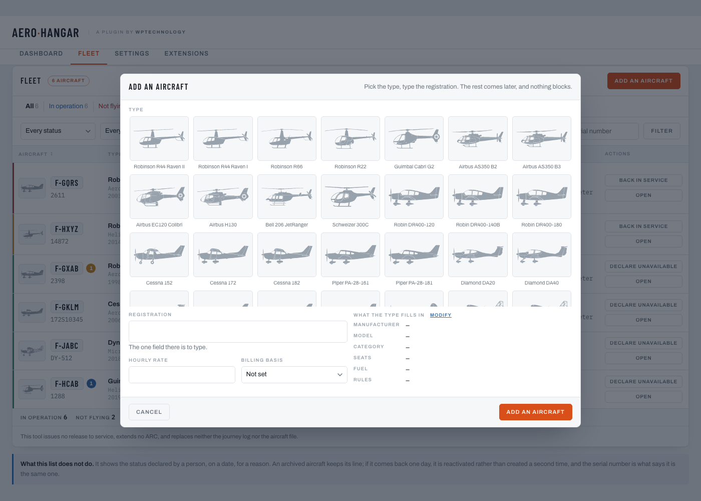 Adding an aircraft over the register: the illustrated catalogue of 29 common types, what the type fills in shown beside the registration, and the hourly rate on the same line.