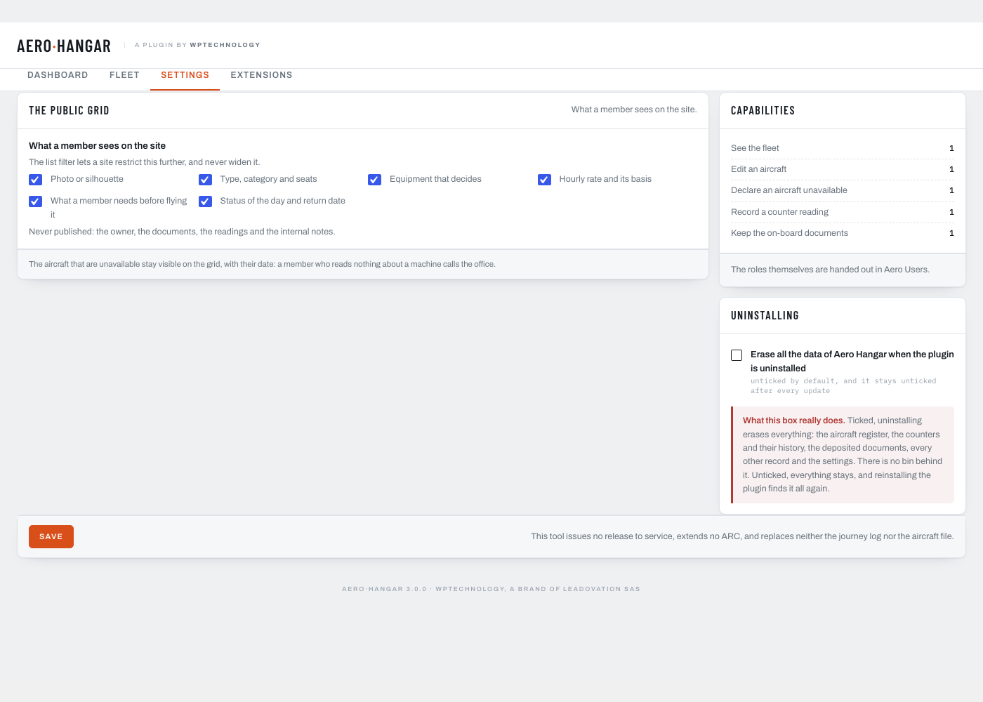 The settings: what the public grid shows, what each permission opens, and whether uninstalling erases the data.