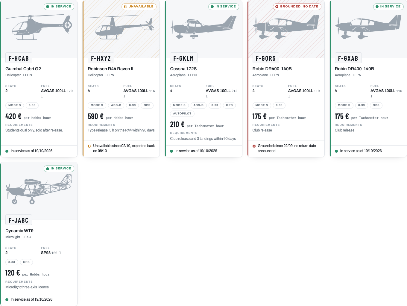 The fleet on the club's own site: each aircraft with its state of the day, its seats, its fuel, its rate, and what it asks of a pilot.