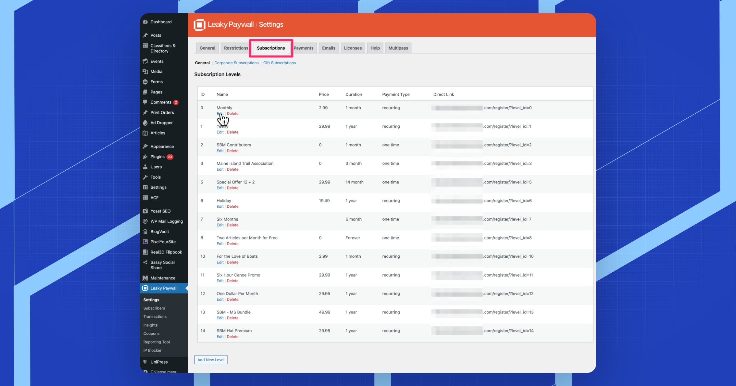 Leaky Paywall subscription level settings