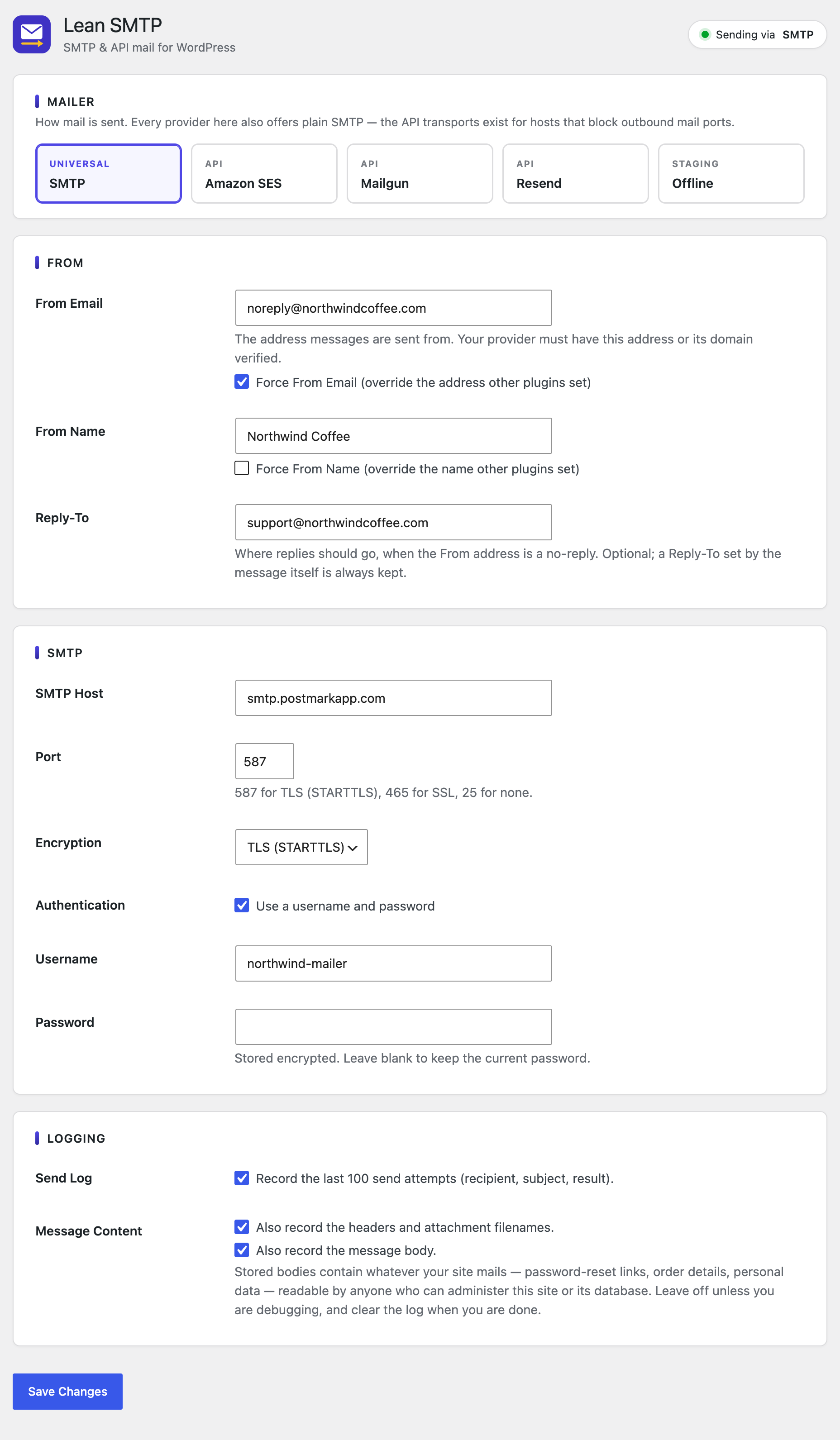 Settings page: pick a mailer — including Offline, which records mail without sending it — set the From identity and Reply-To, configure the transport, and choose how much of each message the log keeps.