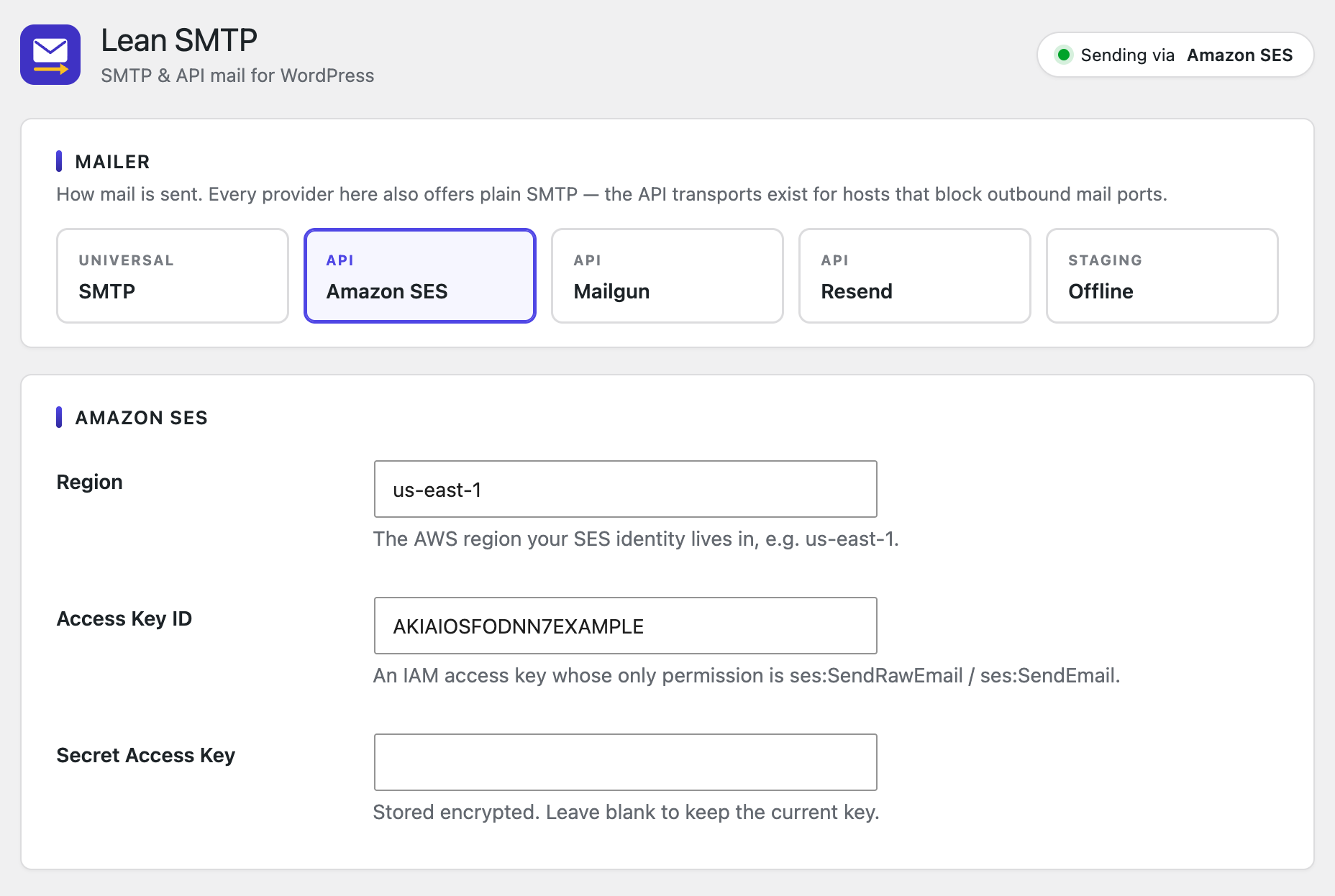 Amazon SES — region and IAM access key; the secret key is stored encrypted and never shown.