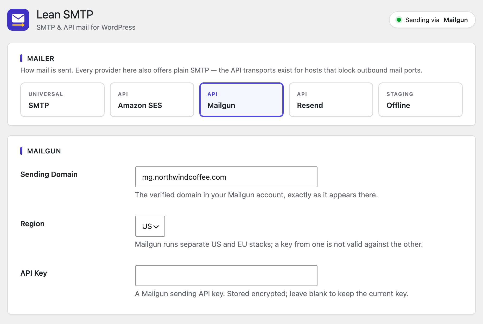 Mailgun — sending domain, US/EU region, and API key.