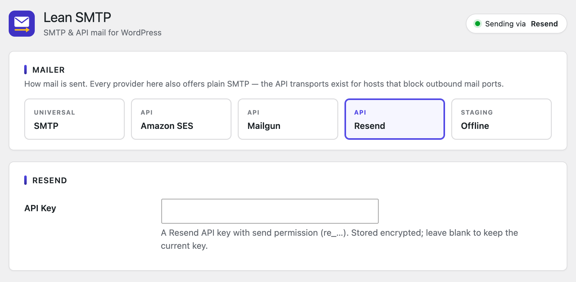 Resend — a single API key.
