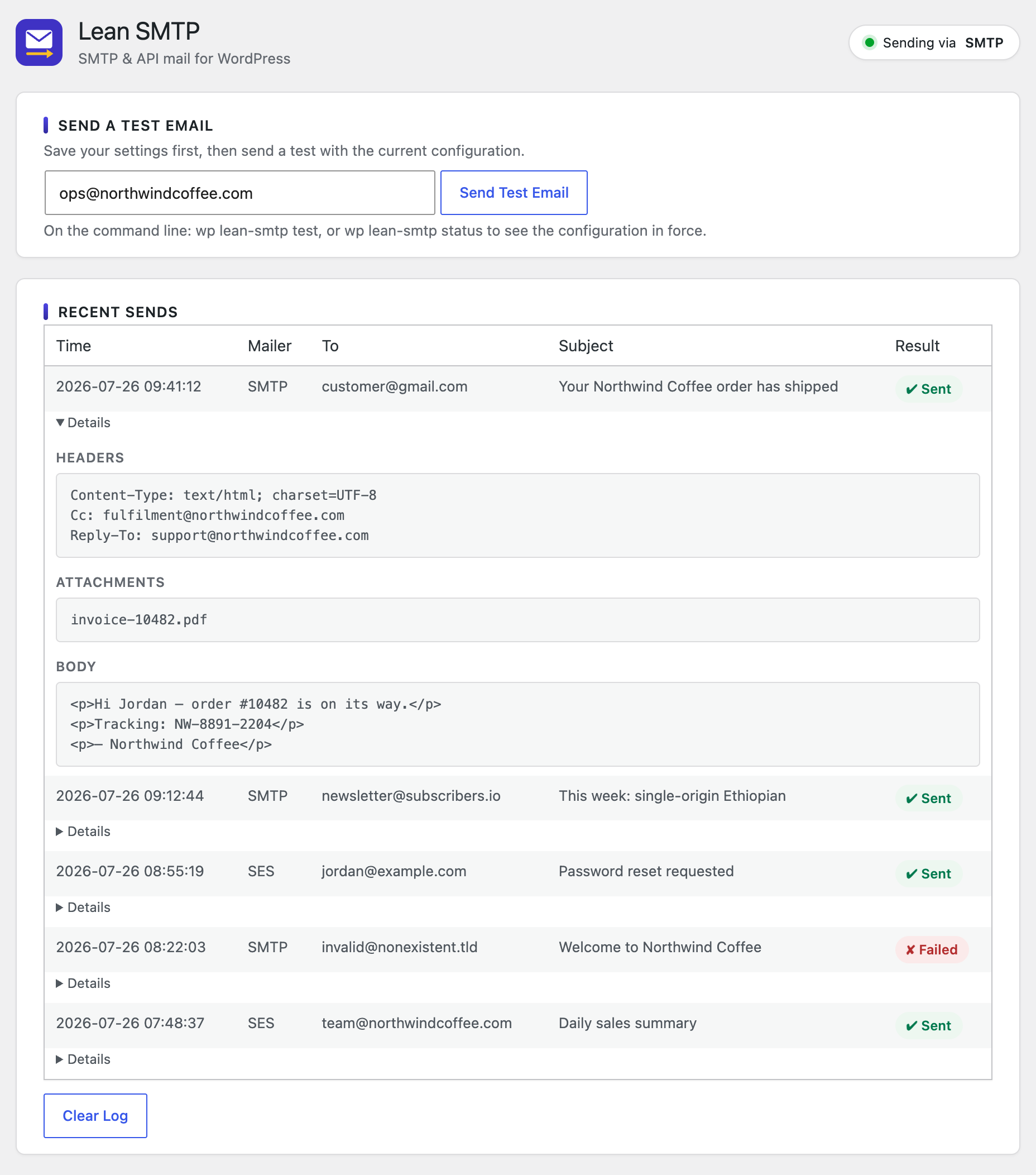 Send a test email, and review the optional send log. When message content is recorded, each row expands to show the headers, attachment names and body that were sent.