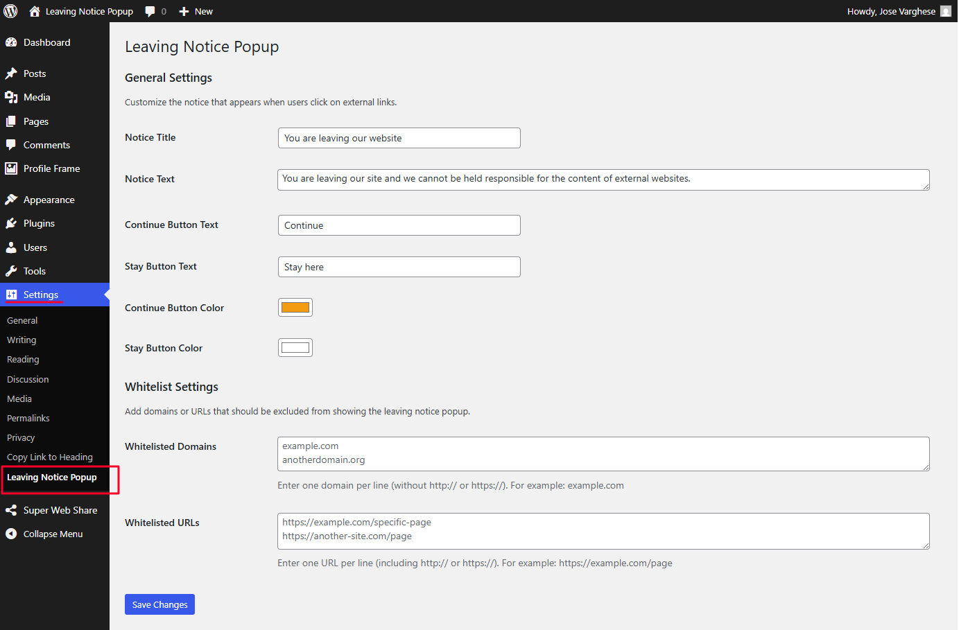 Plugin settings page with option to customize the button color, text and whitelist configuration