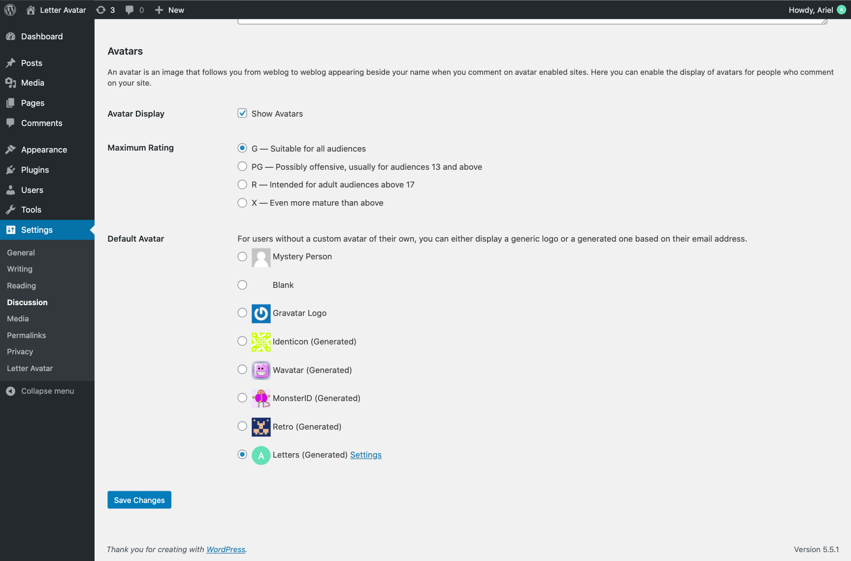 Default avatar option set to