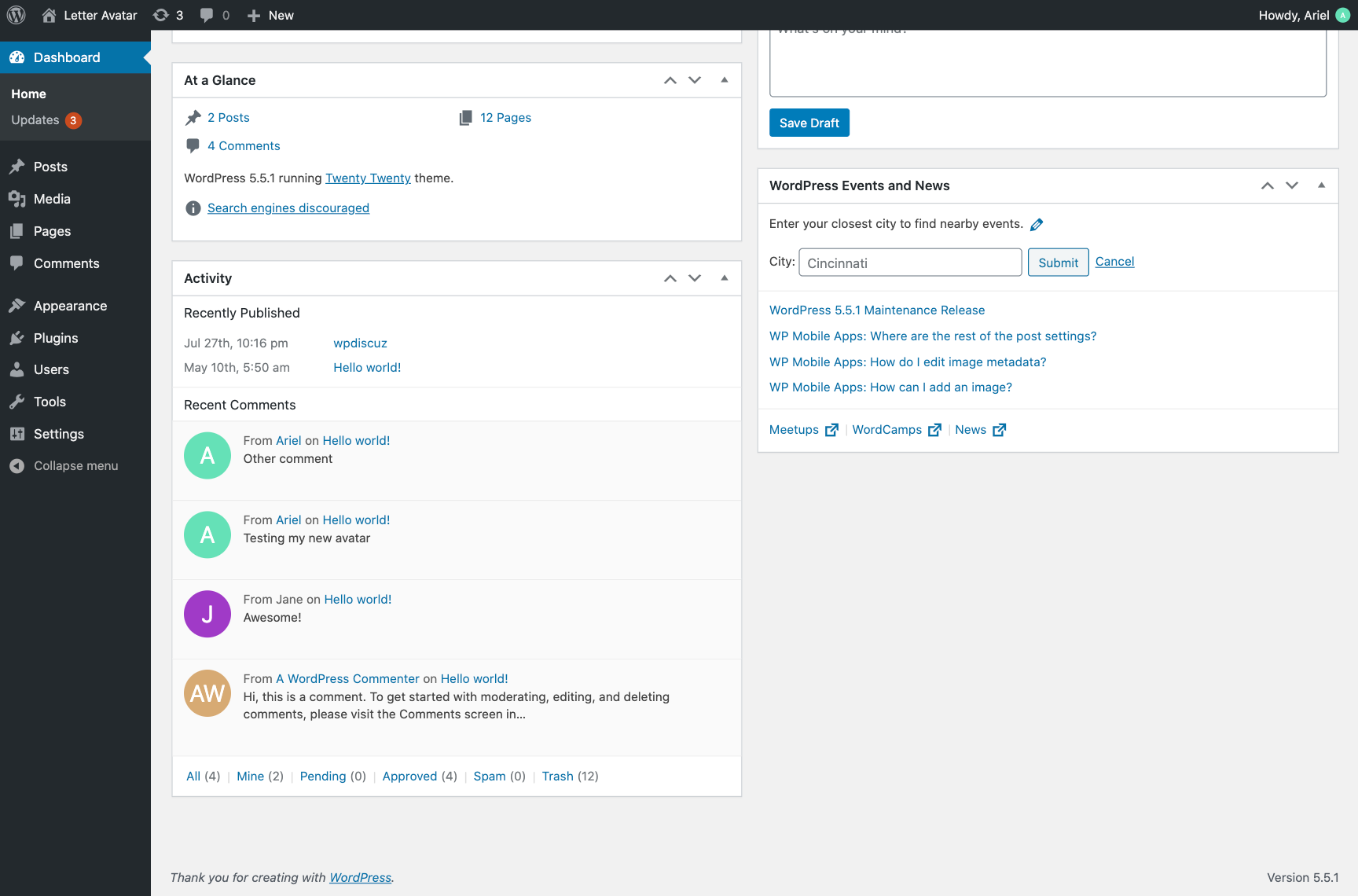 Dashboard comments view with letter avatars.