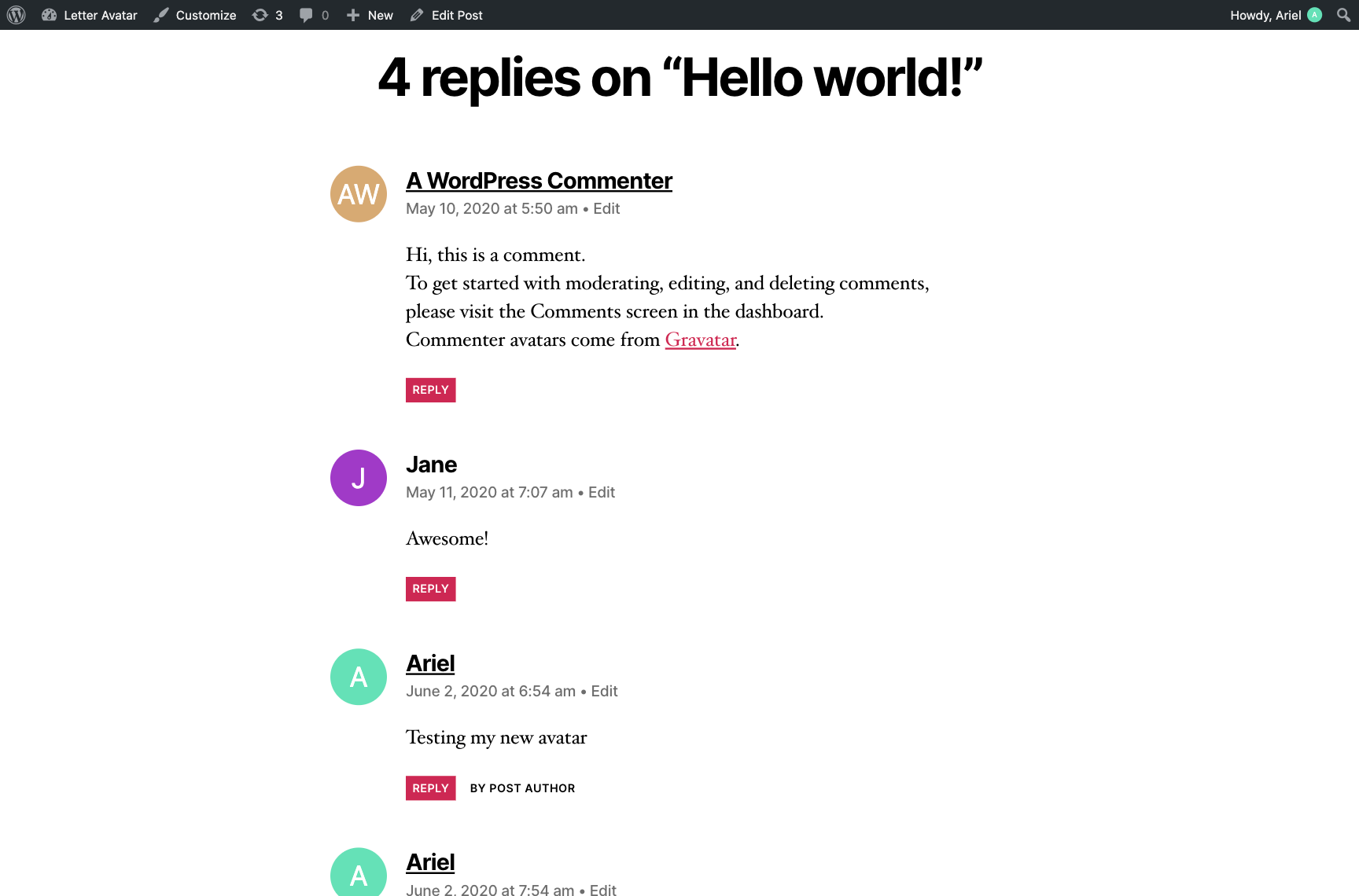 Frontend comments with letter avatars.