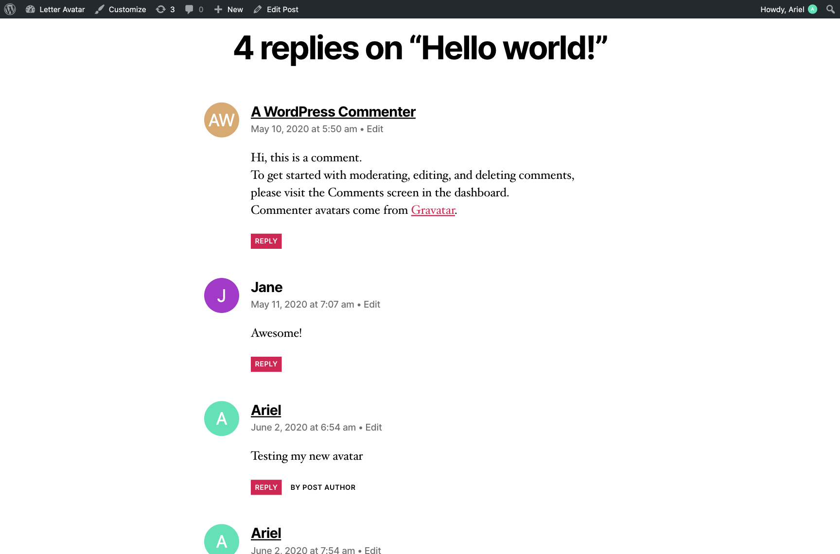 Comments in frontend with letter avatar.