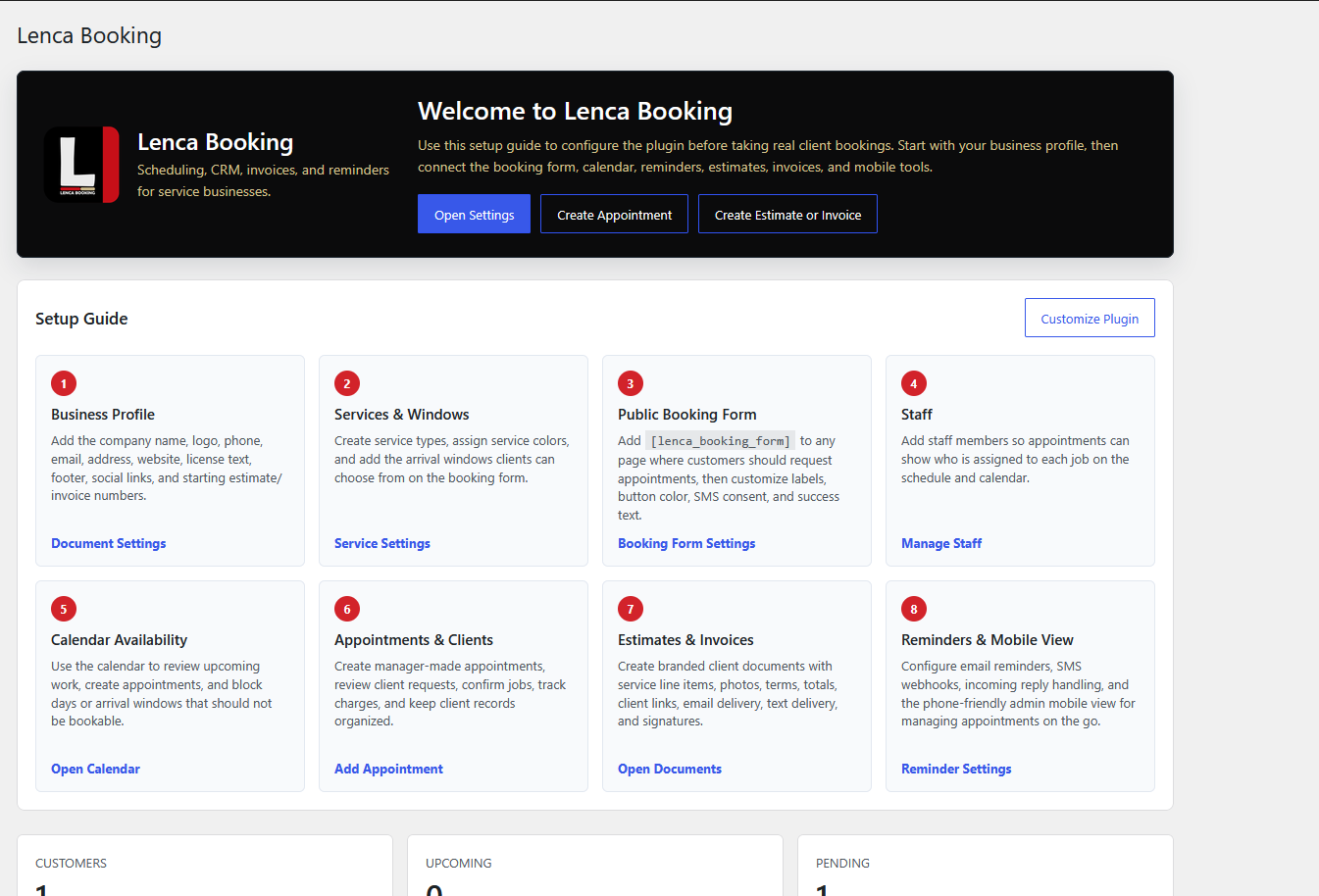 Lenca Booking dashboard with setup guide, quick actions, and business stats.
