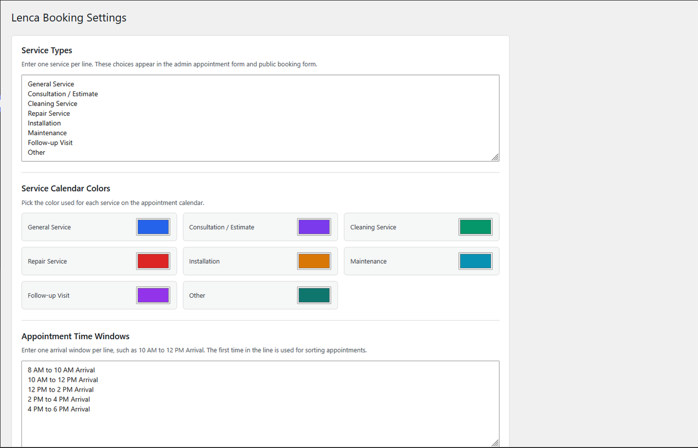 Settings page for service types, appointment colors, and arrival time windows.