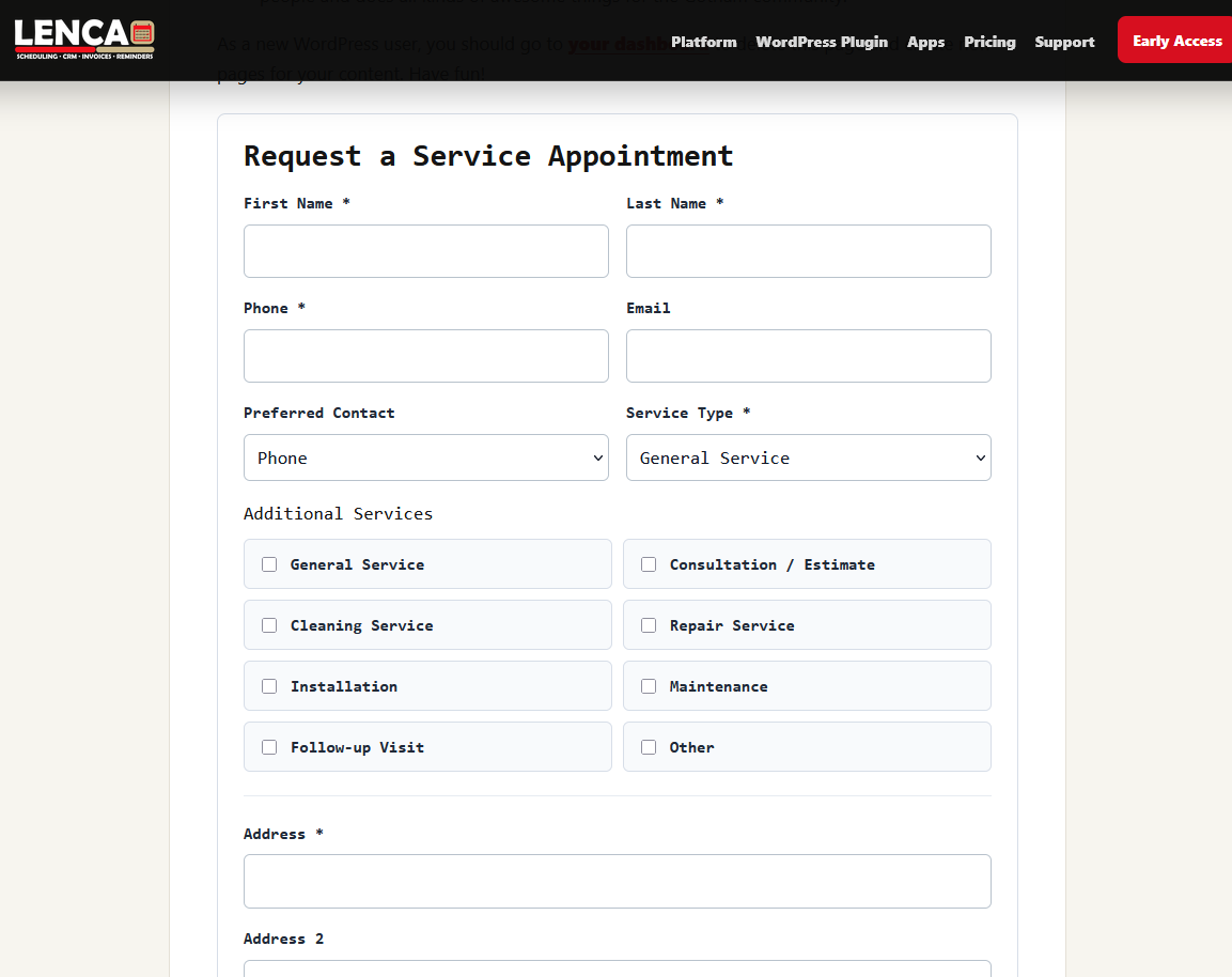Public booking form with client details, service selection, and additional services.