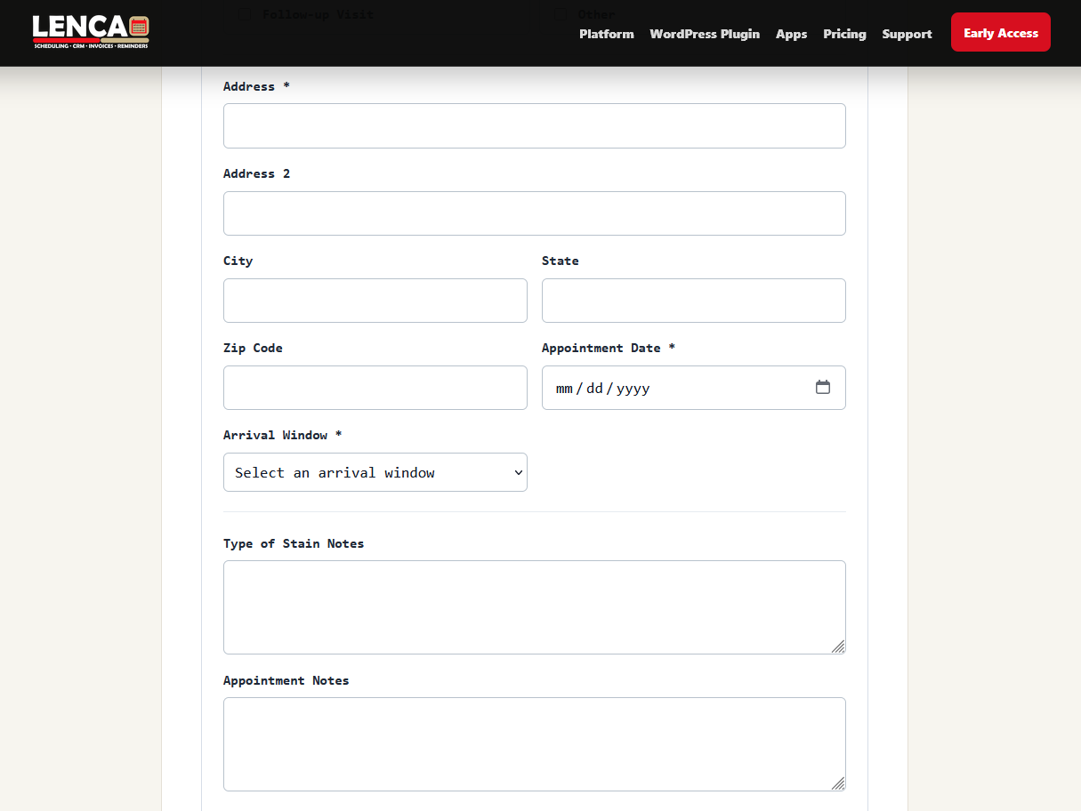 Public booking form address, appointment date, arrival window, and notes fields.
