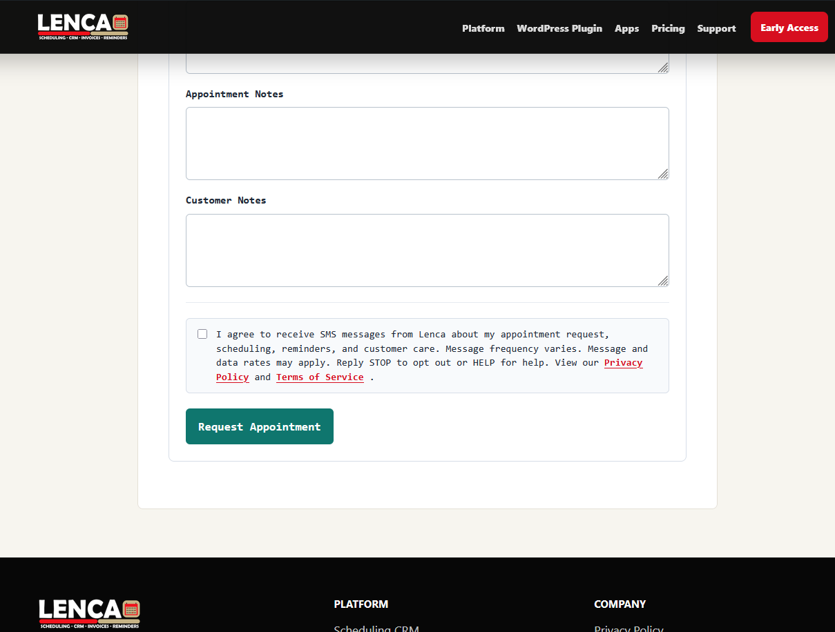 Public booking form SMS consent and appointment request submission.