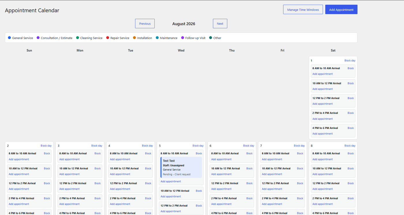 Appointment calendar with service colors, arrival windows, blocking tools, and quick appointment creation.