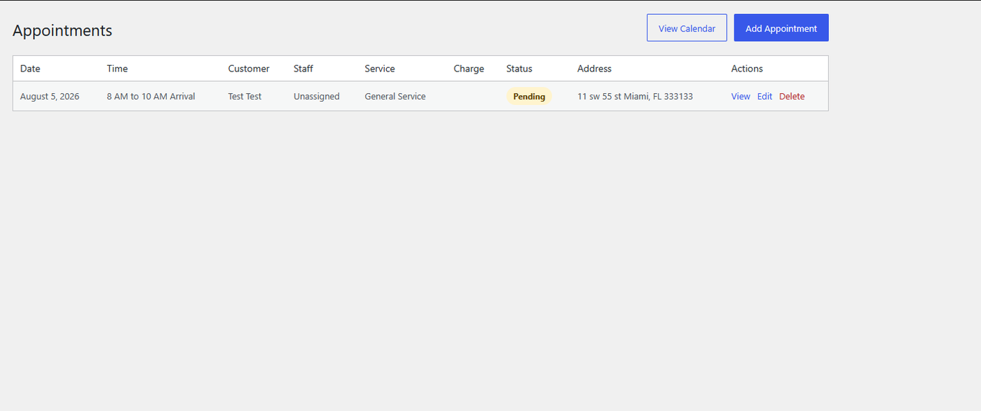 Appointment list with staff assignment, service details, status, address, and actions.