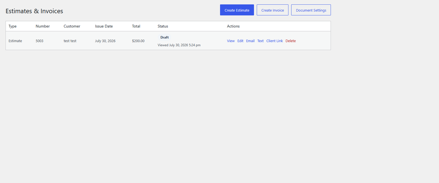 Estimates and invoices dashboard with document status, client links, email, and text actions.