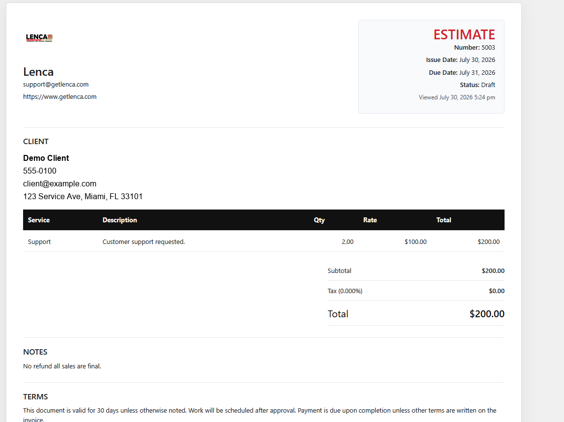 Mobile-friendly estimate view with client details, totals, notes, and approval tracking.