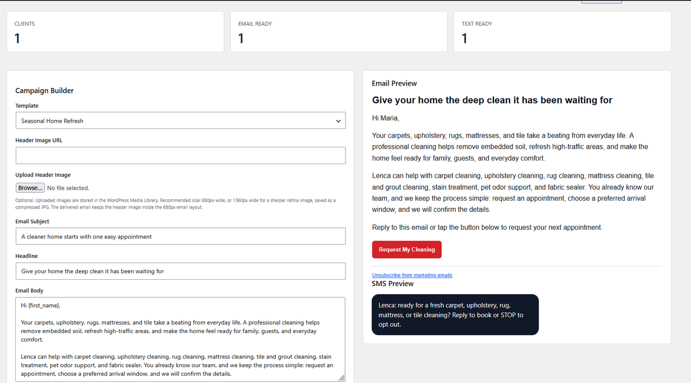 Marketing campaign builder with email preview, SMS preview, audience counts, and test sending.