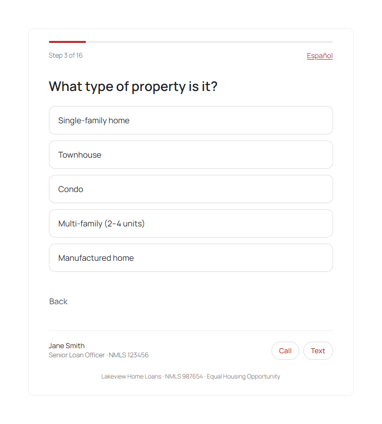 One question per screen, in English or Spanish, with the loan officer's name and NMLS on every step.