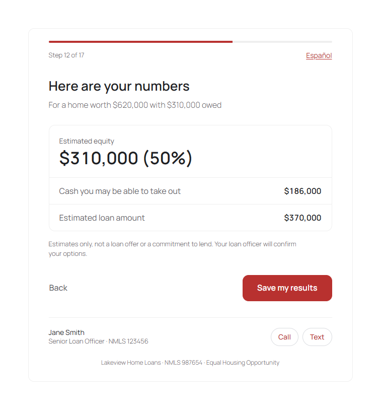 The numbers screen: estimated equity, cash out and loan amount before the borrower gives contact details.