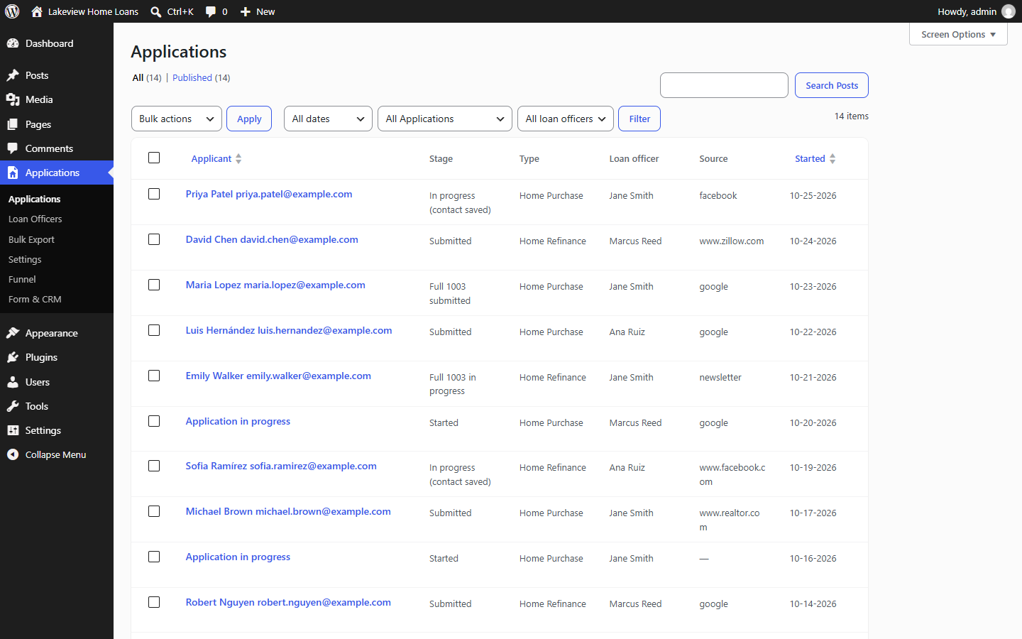 Applications list with stage, loan officer, source and start date.