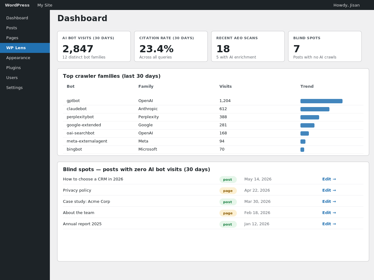 Dashboard — AI bot activity over the last 30 days with top crawled pages and blind spots.