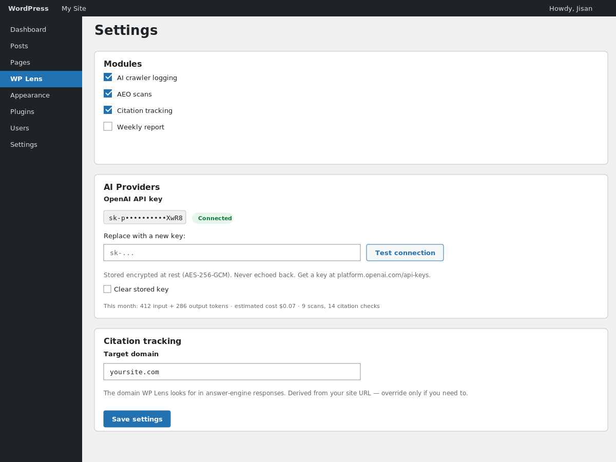 Settings → AI Providers — masked API key field with a "Test connection" button.