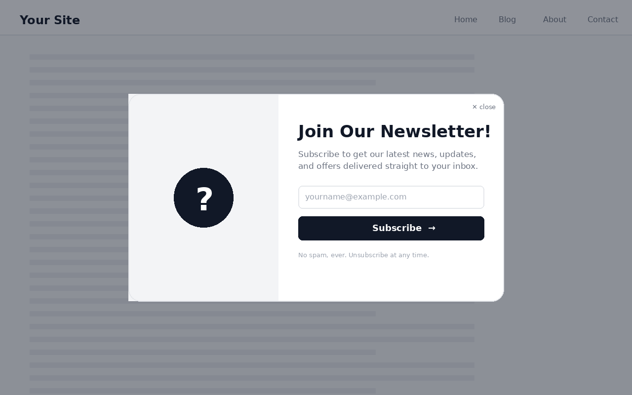 The newsletter popup on the front end, with the signup form and bonus content.