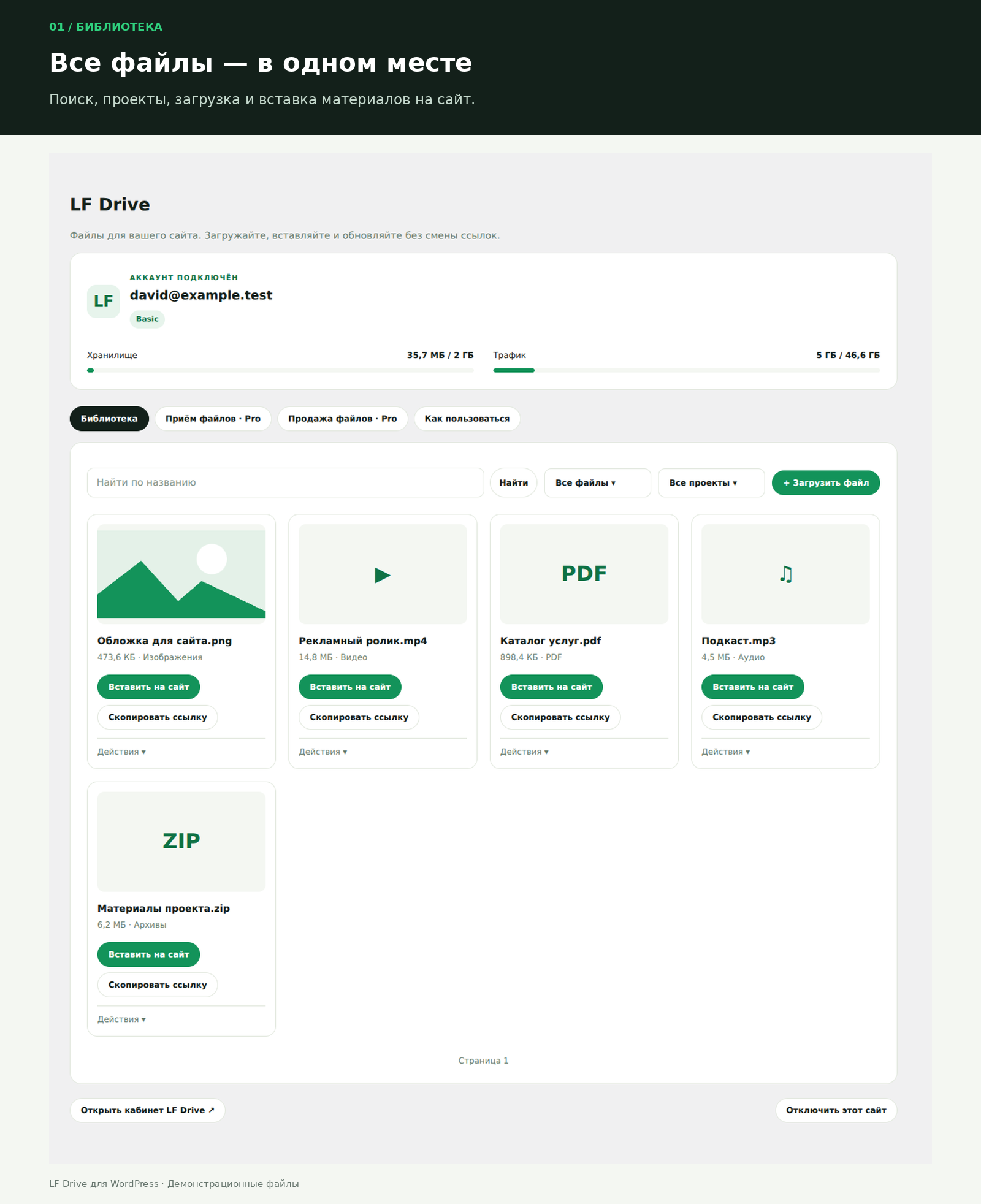 LF Drive library in WordPress: search, project filters, uploads and file insertion. Demonstration account and files.