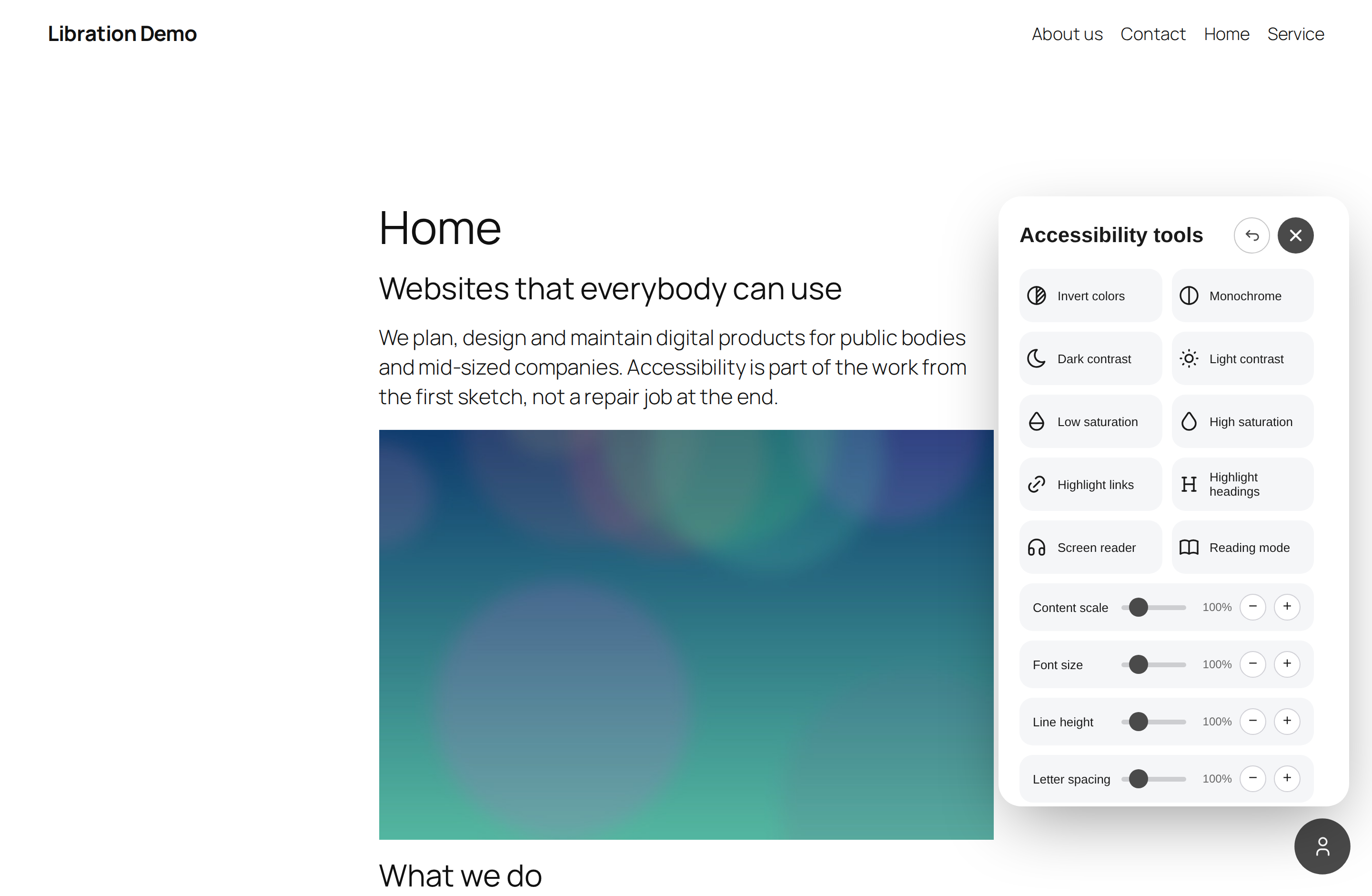 The assistive widget on the front end: contrast modes, text controls, reading mode and screen reader