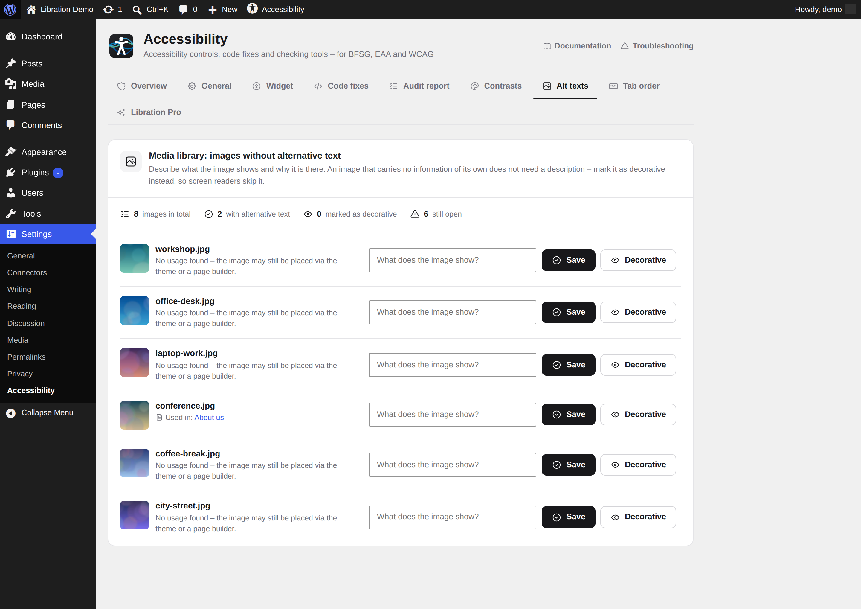 Alt-text audit for the media library, with a "decorative" shortcut and CSV export