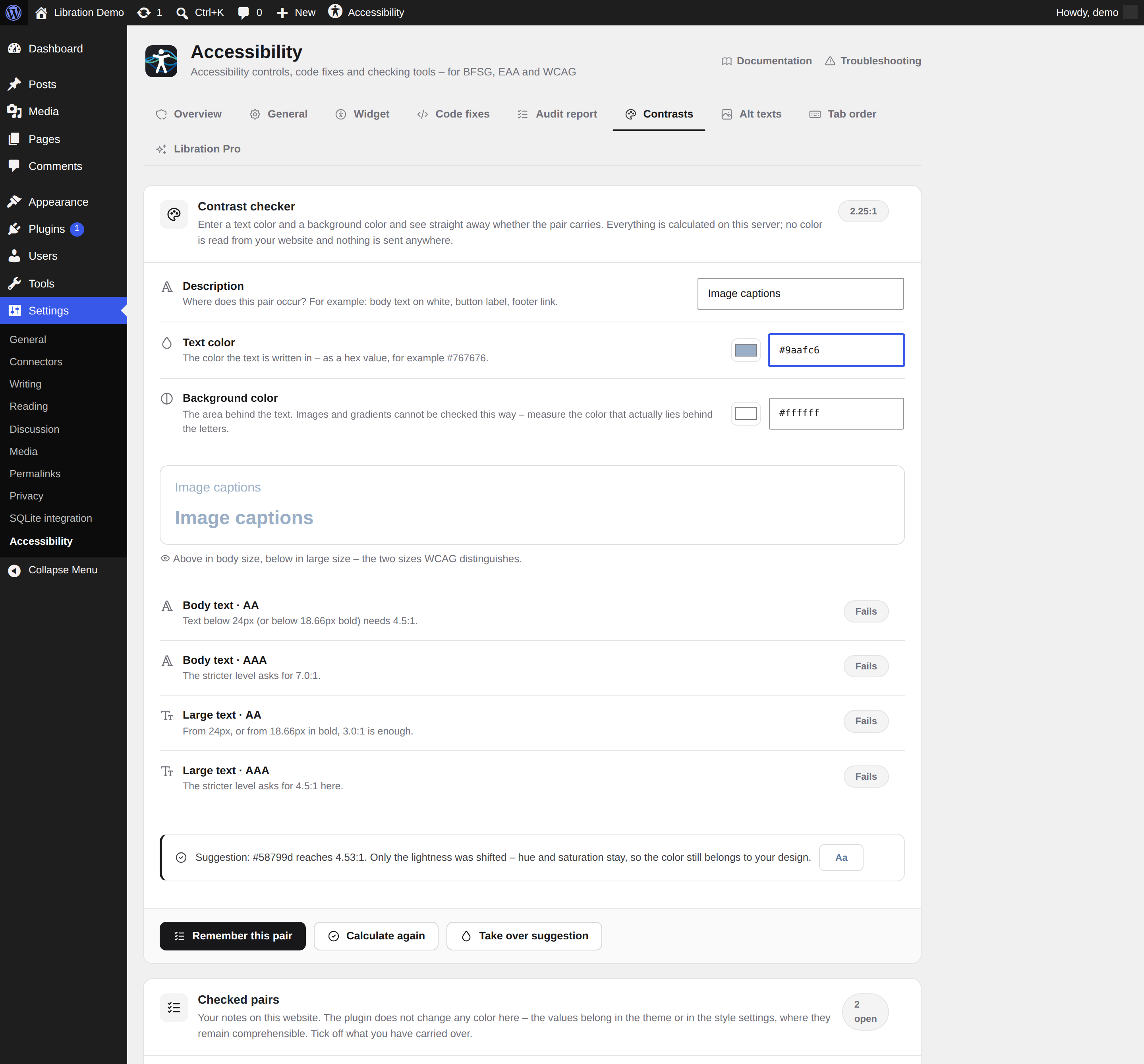 Contrast calculator with live preview and a suggested correction that keeps hue and saturation
