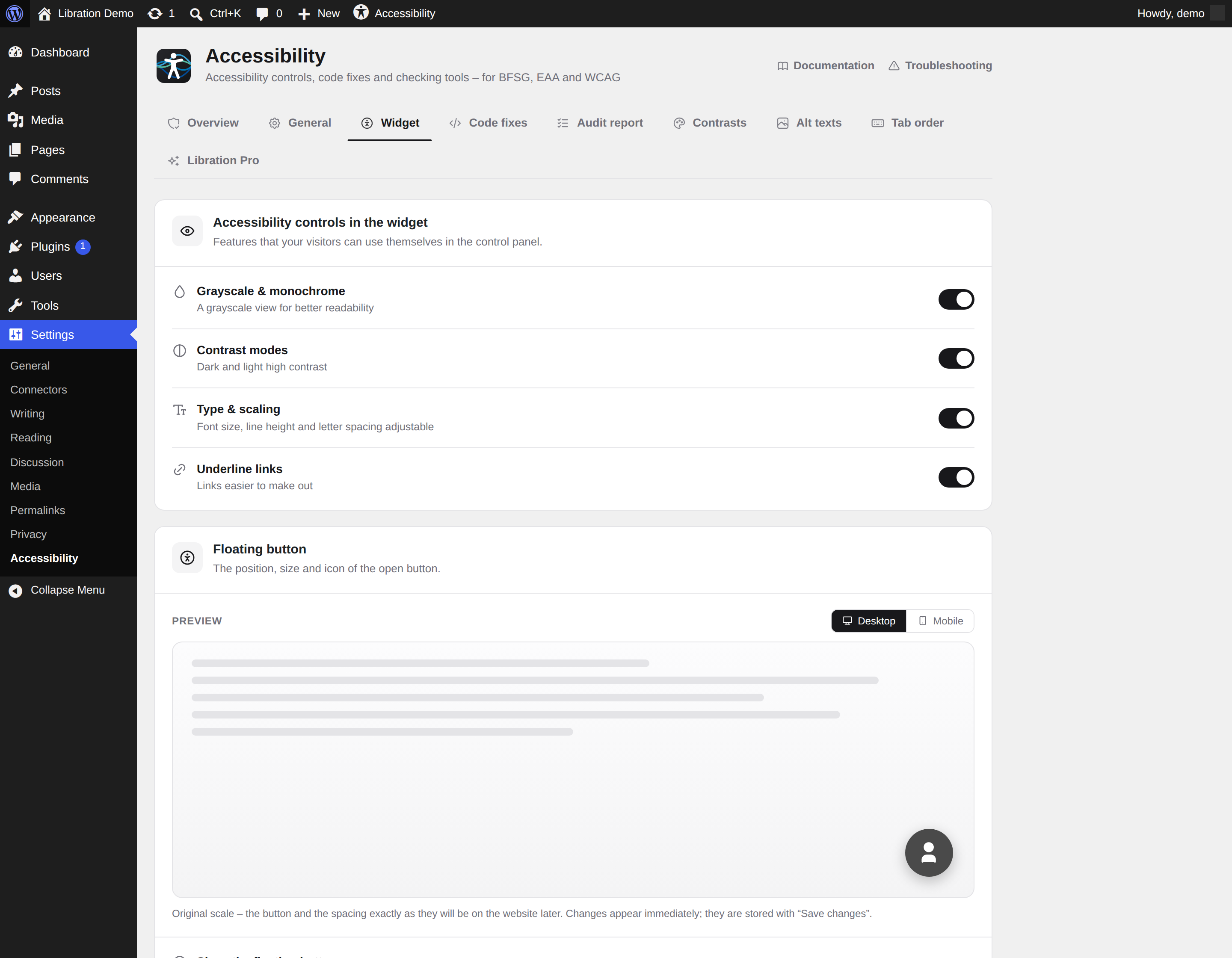 Widget settings: which controls visitors get, position, size, icon and colors of the panel